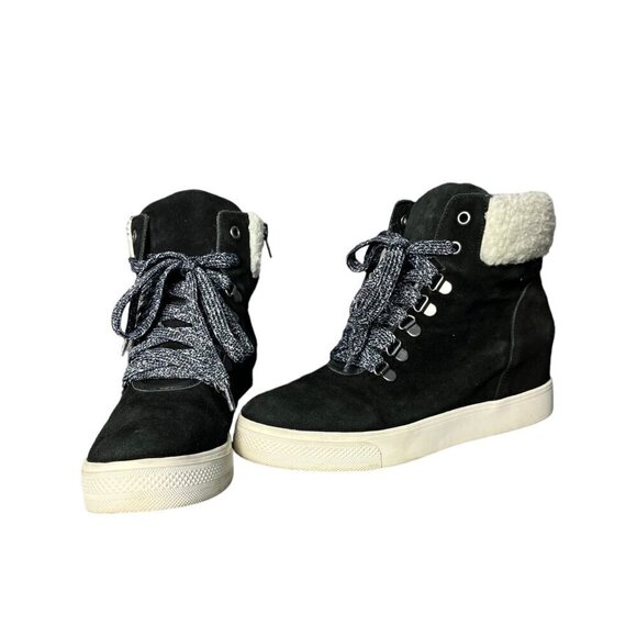 Steve Madden Women's 8.5 Warner Wedge Ankle Bootie Black Suede Faux‎ Fur Winter - Picture 1 of 10